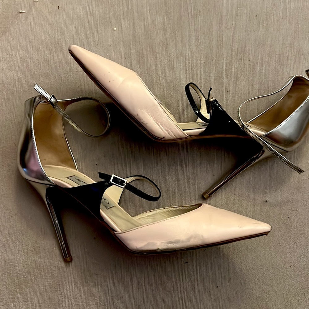 Jimmy Choo Stilettos blush pink black and silver Mary Jane